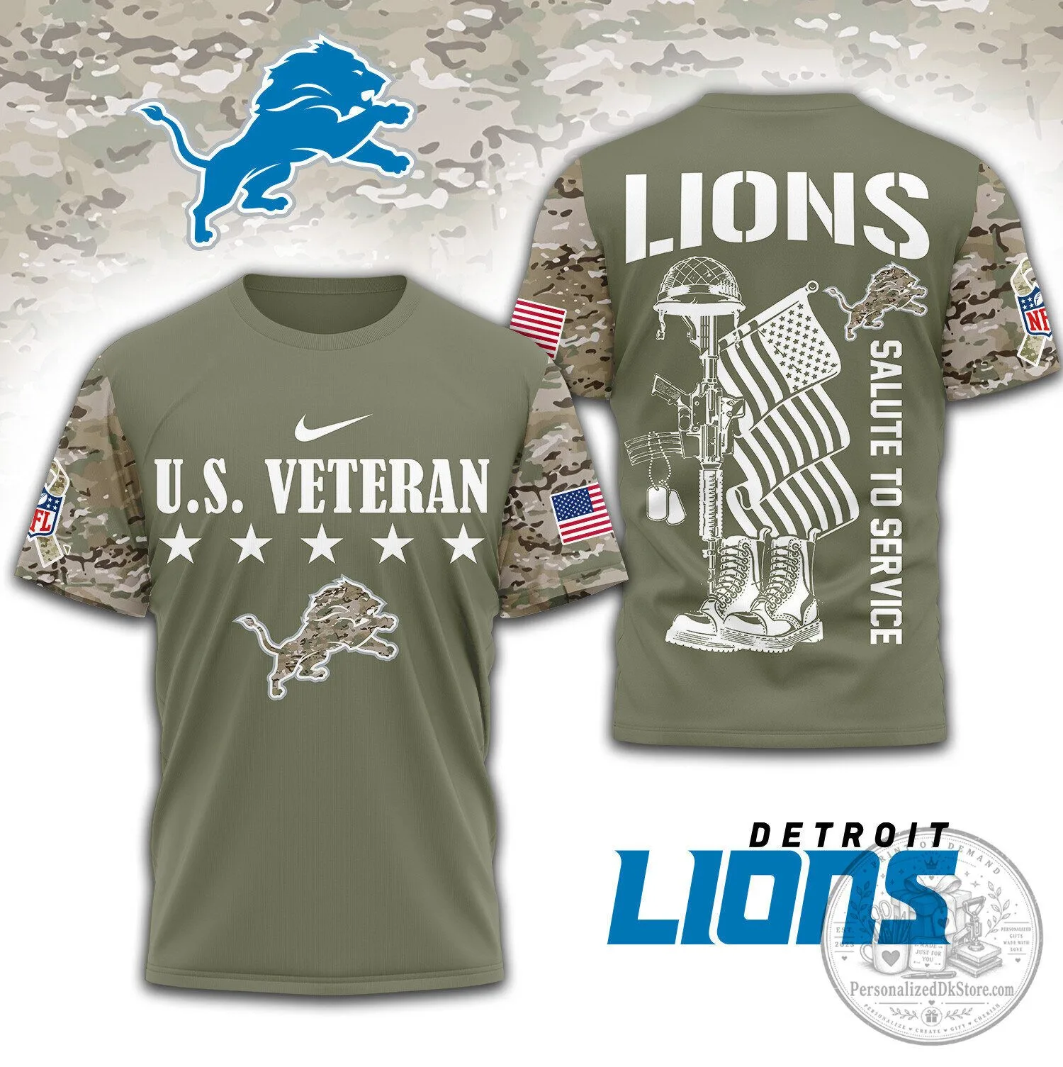 Detroit Lions National Football League Salute To Service United States Veteran T-Shirt