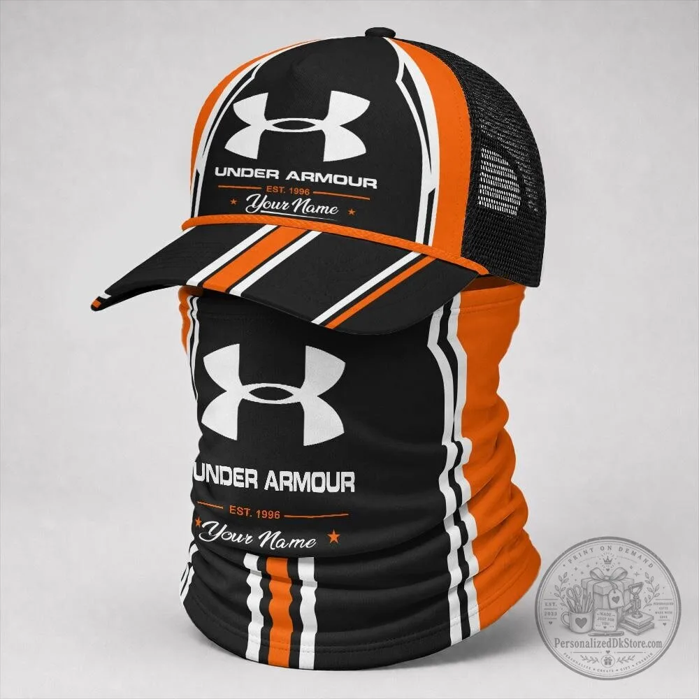 Under Armour Custom Name Orange and Black Trucker Cap and Neck Gaiter Set