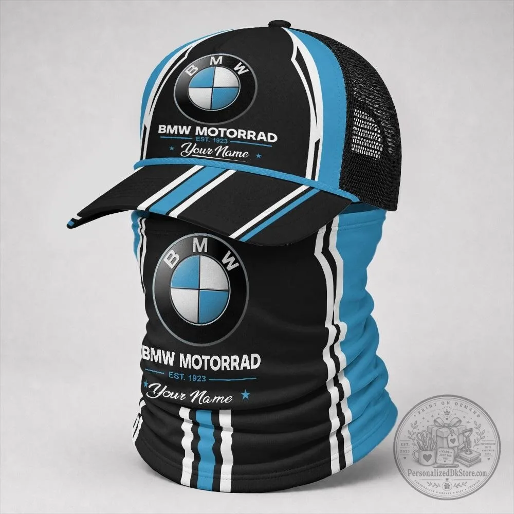 BMW Motorrad Personalized Black and Blue Trucker Hat and Neck Gaiter Set