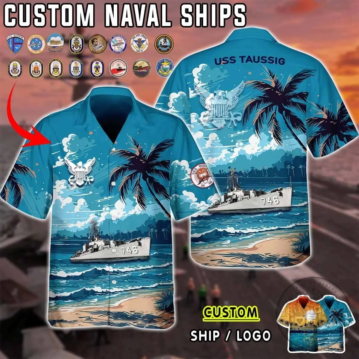 USS Taussig DD-746 Destroyer Ship Beach Scene Hawaiian Shirt