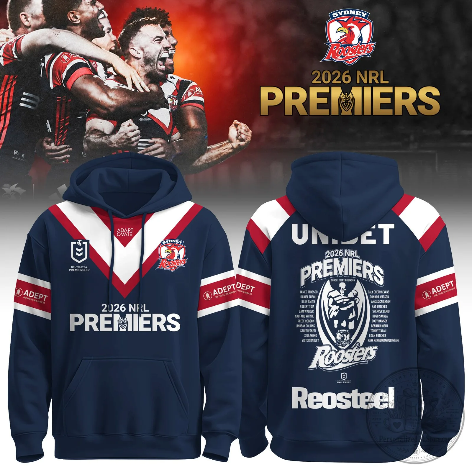 Sydney Roosters 2026 NRL Premiers Championship Navy Blue Hoodie
