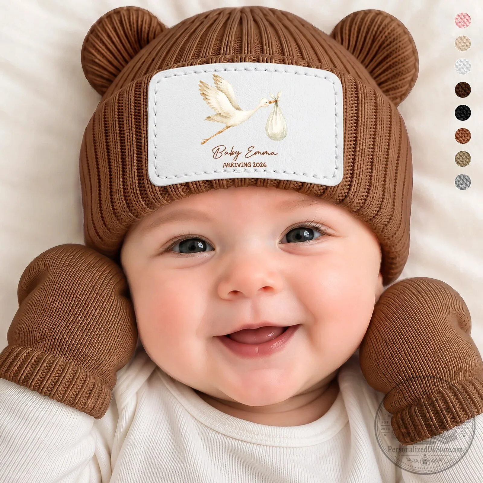 Personalized Baby Beanie with Stork Design and Custom Name for Newborns