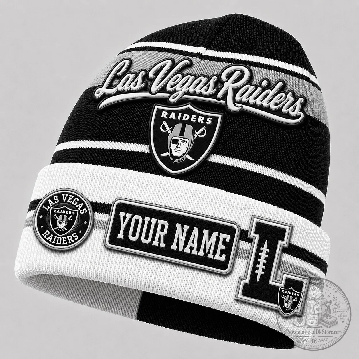 Las Vegas Raiders Football Personalized Black And White Striped Beanie Cap Hat