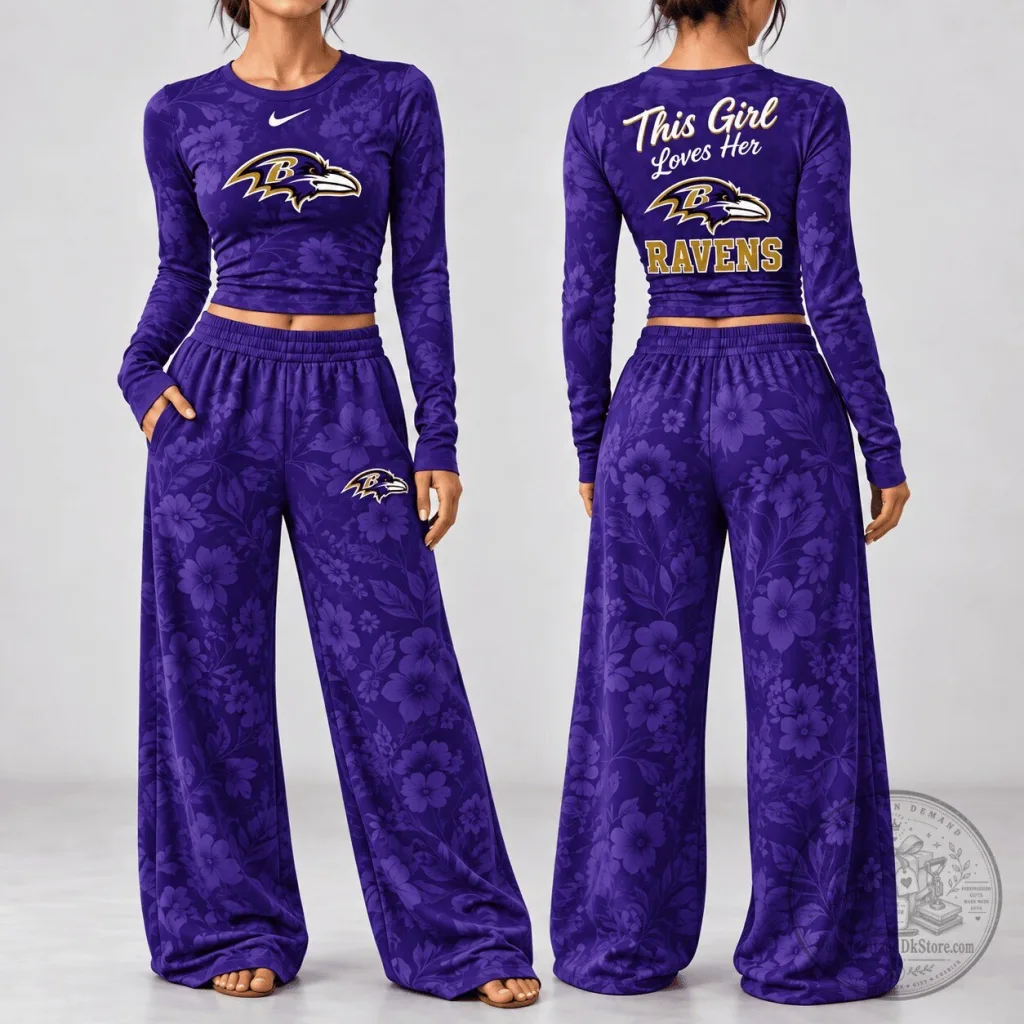 Baltimore Ravens Floral Pattern Long Sleeve Shirt and Pants Set for Women Baltimore Ravens Floral Pattern Long Sleeve Shirt and Pants Set for Women