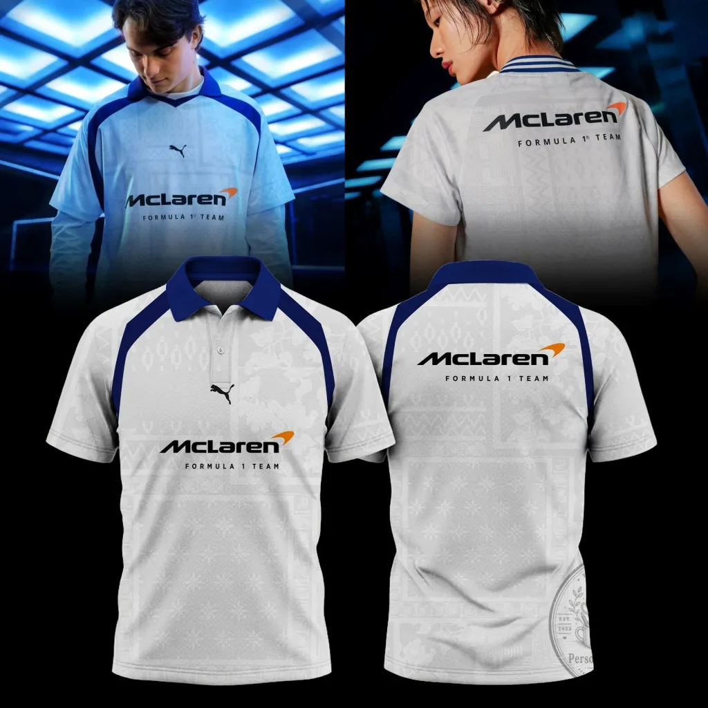 McLaren Formula 1 Team White and Blue Polo Shirt with Puma Logo McLaren Formula 1 Team White and Blue Polo Shirt with Puma Logo