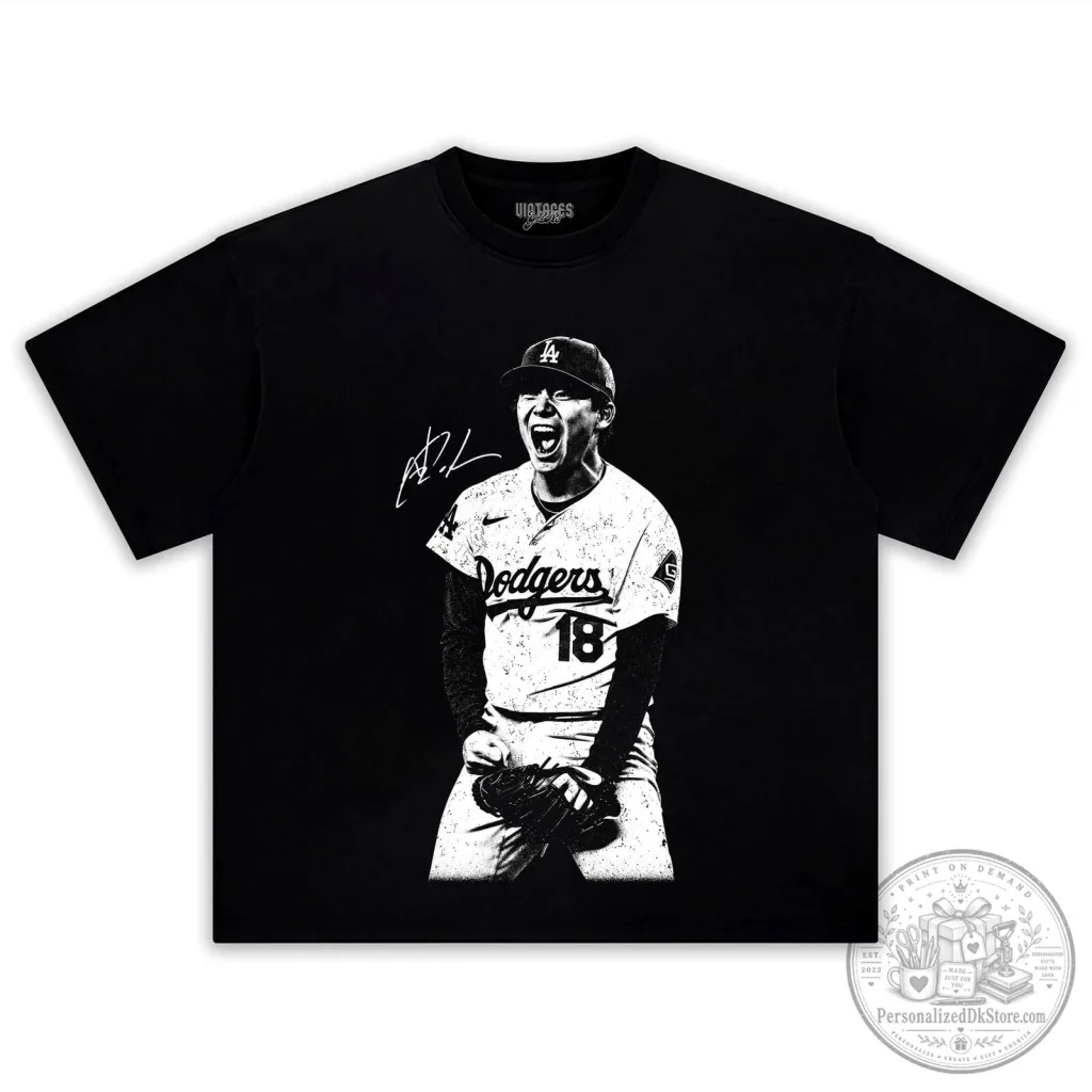 Black T-Shirt featuring Los Angeles Dodgers Baseball Player Yoshinobu Yamamoto Black T-Shirt featuring Los Angeles Dodgers Baseball Player Yoshinobu Yamamoto