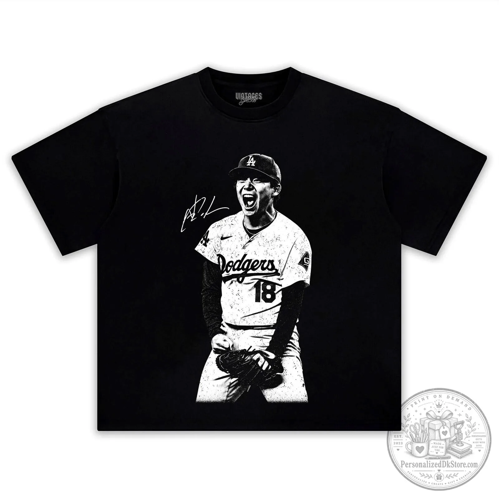 Black T-Shirt featuring Los Angeles Dodgers Baseball Player Yoshinobu Yamamoto