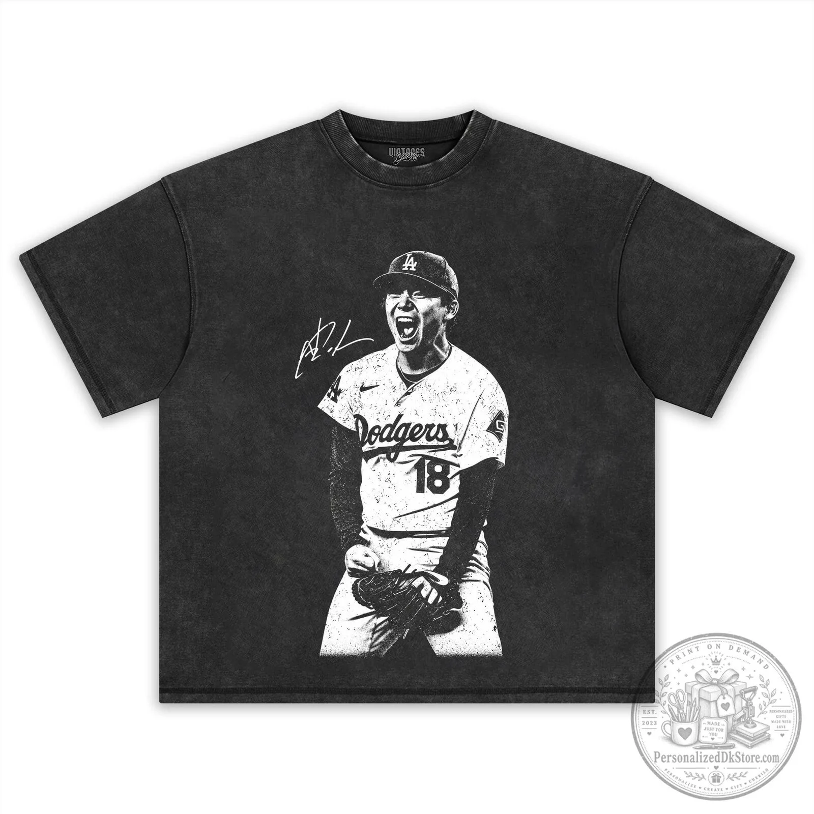 Black T-Shirt featuring Los Angeles Dodgers Baseball Player Yoshinobu Yamamoto 8 Black T-Shirt featuring Los Angeles Dodgers Baseball Player Yoshinobu Yamamoto