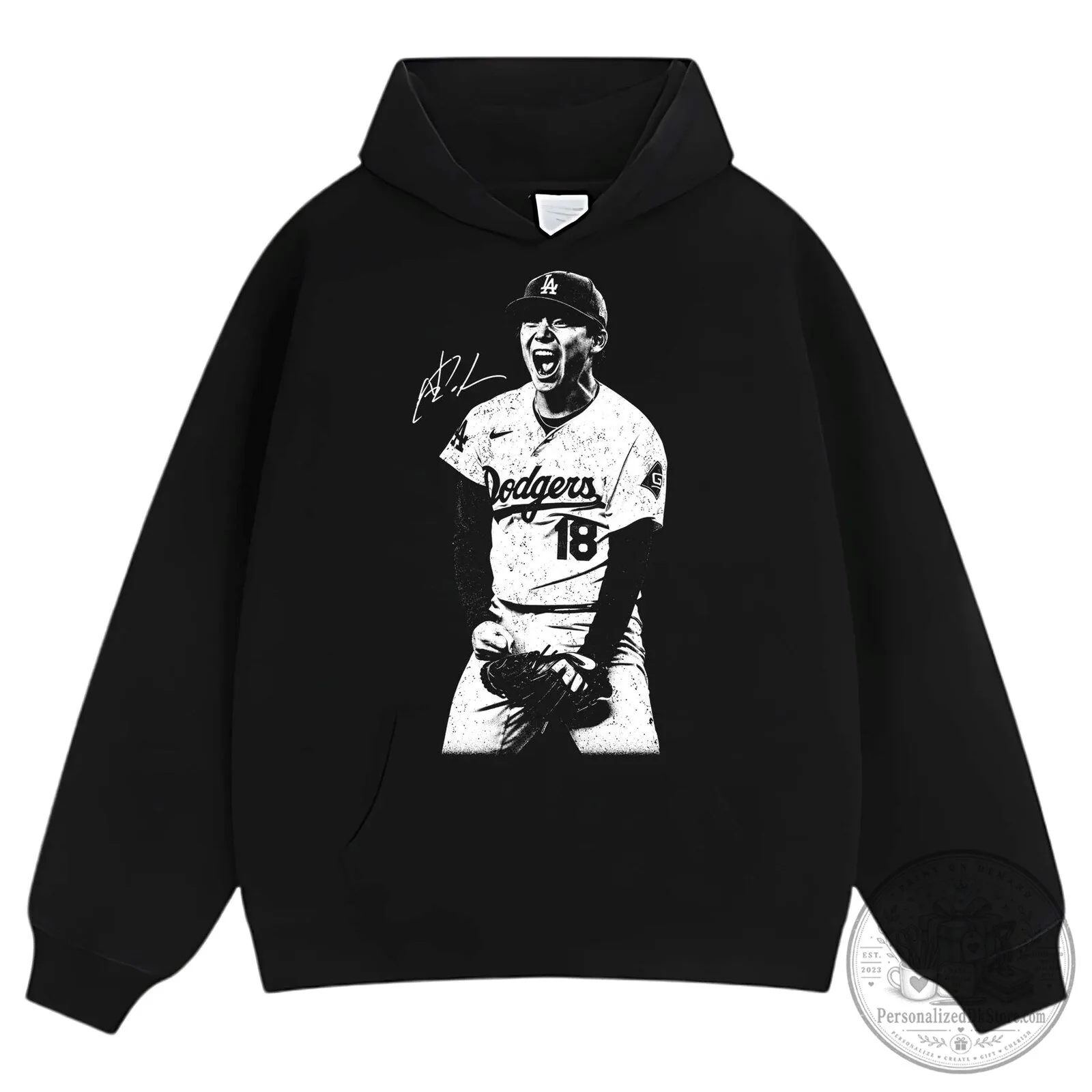 Black T-Shirt featuring Los Angeles Dodgers Baseball Player Yoshinobu Yamamoto 13 Black T-Shirt featuring Los Angeles Dodgers Baseball Player Yoshinobu Yamamoto