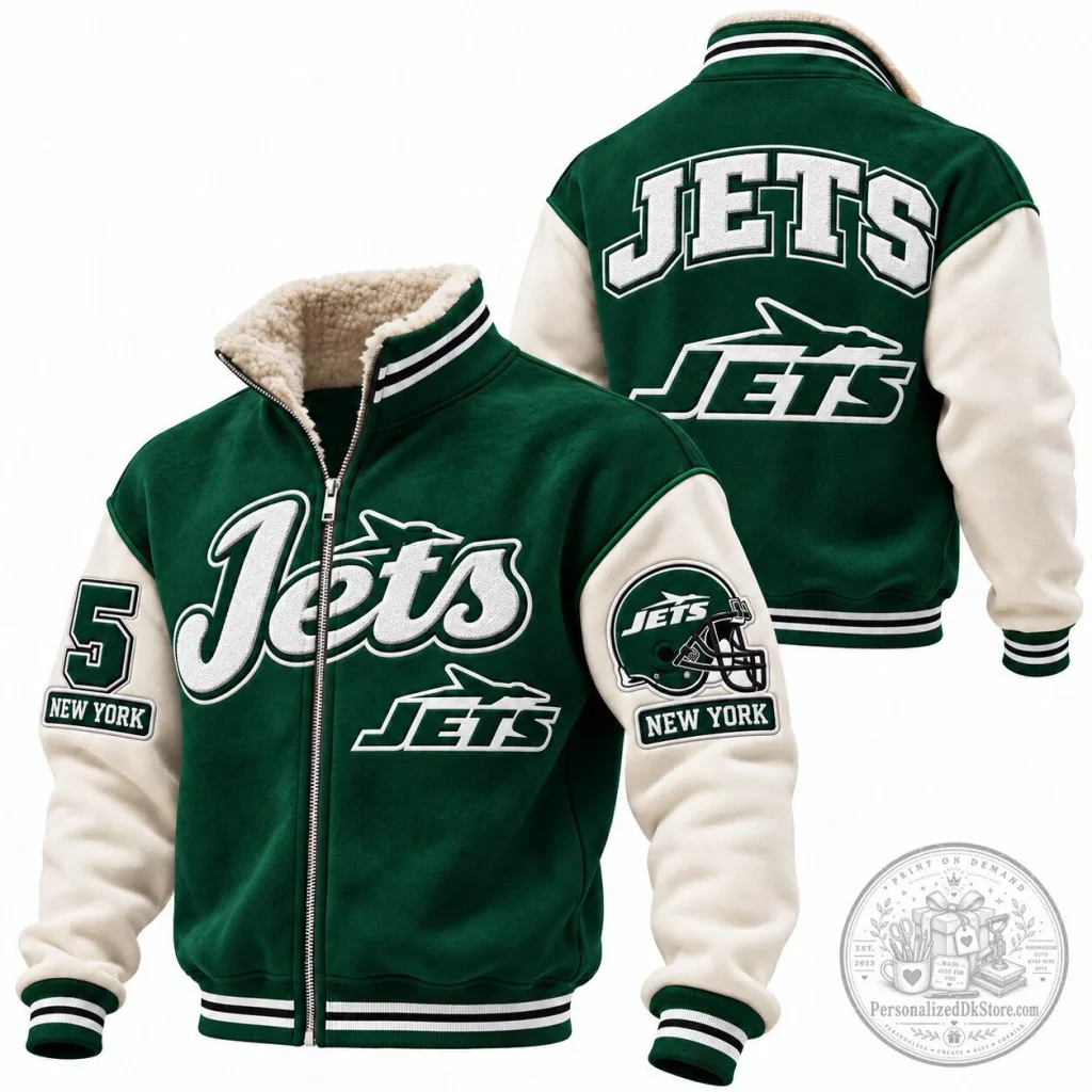 New York Jets Varsity Jacket, Green and Cream Football Team Apparel New York Jets Varsity Jacket, Green and Cream Football Team Apparel