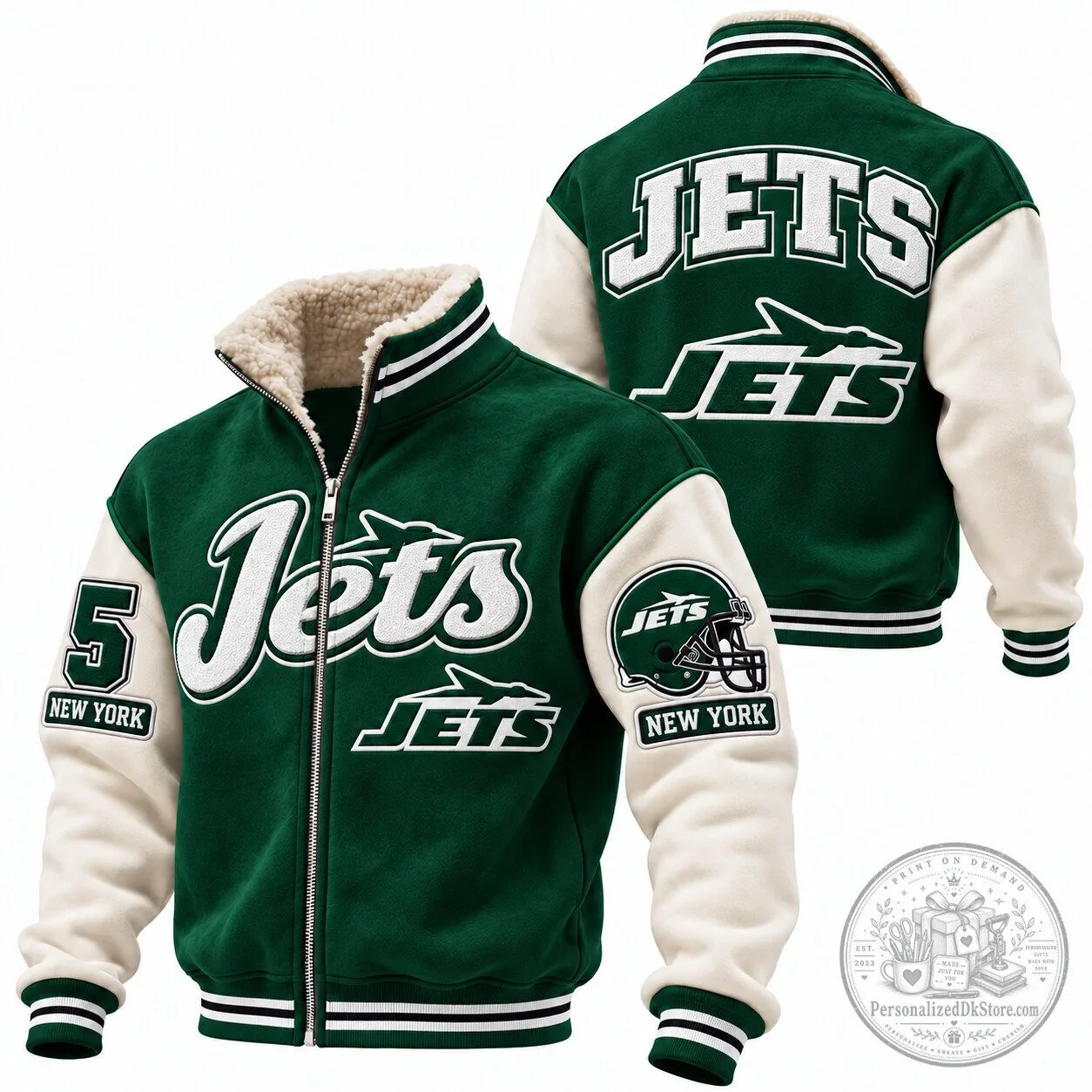 New York Jets Varsity Jacket, Green and Cream Football Team Apparel