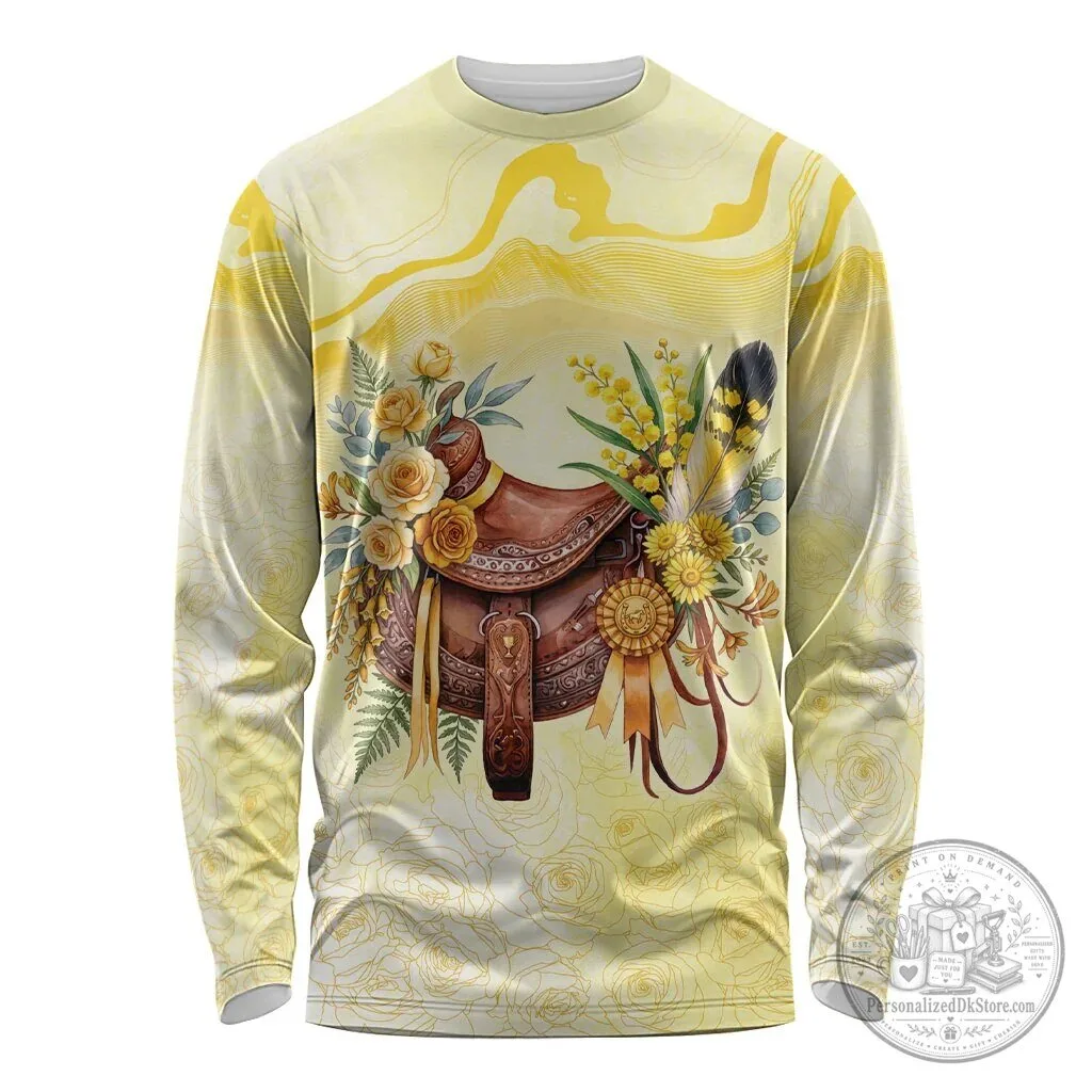 Vintage Horse Saddle Floral Yellow Rose Wattle Flowers Long Sleeve Shirt