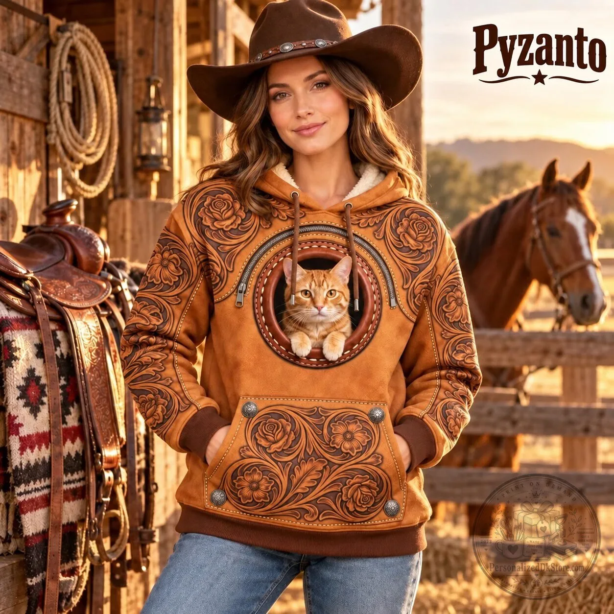 Western Cowboy Tooled Leather Pet Carrier Hoodie for Cat or Small Dog