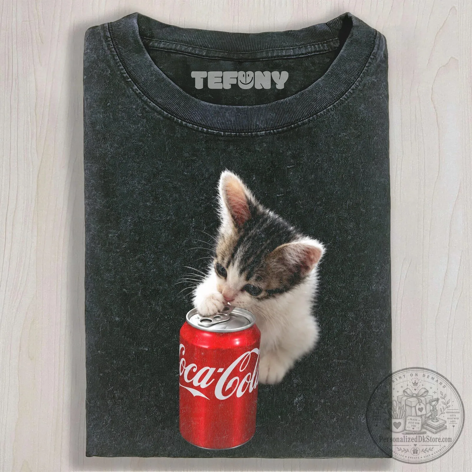 Cute Kitten Playing With Coca-Cola Can Graphic Washed Black T-Shirt