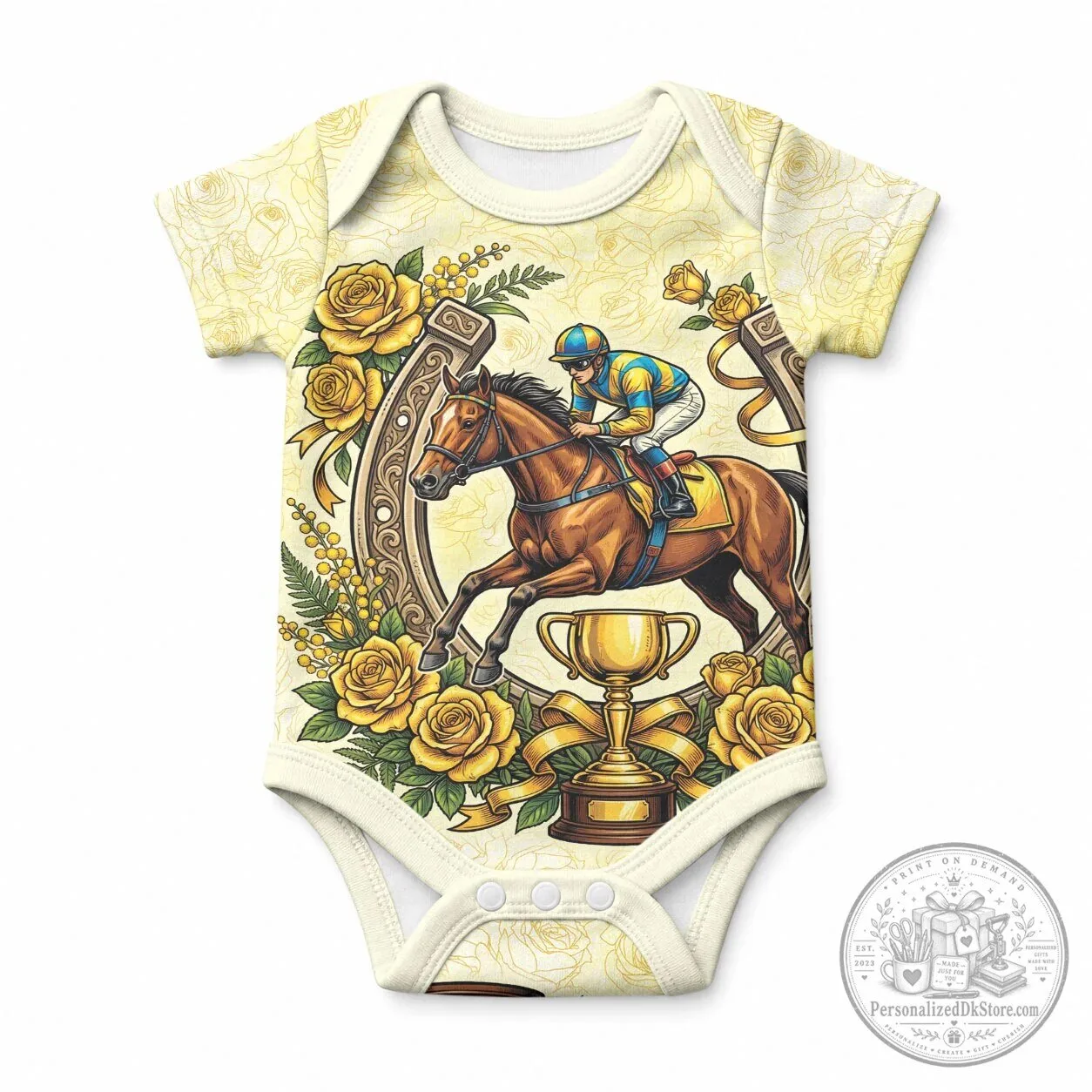 Melbourne Horse Race Baby Bodysuit Australian Floral Horseshoe Yellow Rose