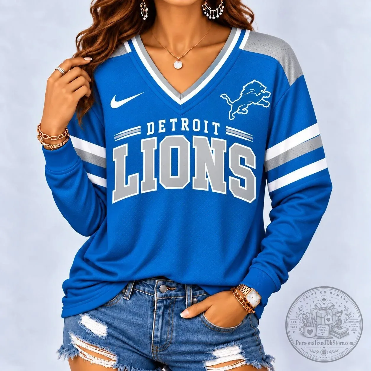 Detroit Lions Long Sleeve V-Neck Football Jersey for Women