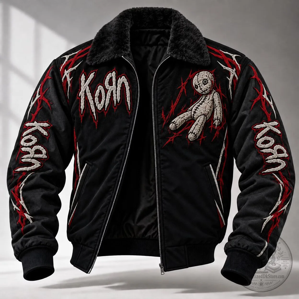Korn Band Logo Voodoo Doll Embroidered Black Plush Collar Bomber Jacket 1 Korn Band Logo Voodoo Doll Embroidered Black Plush Collar Bomber Jacket