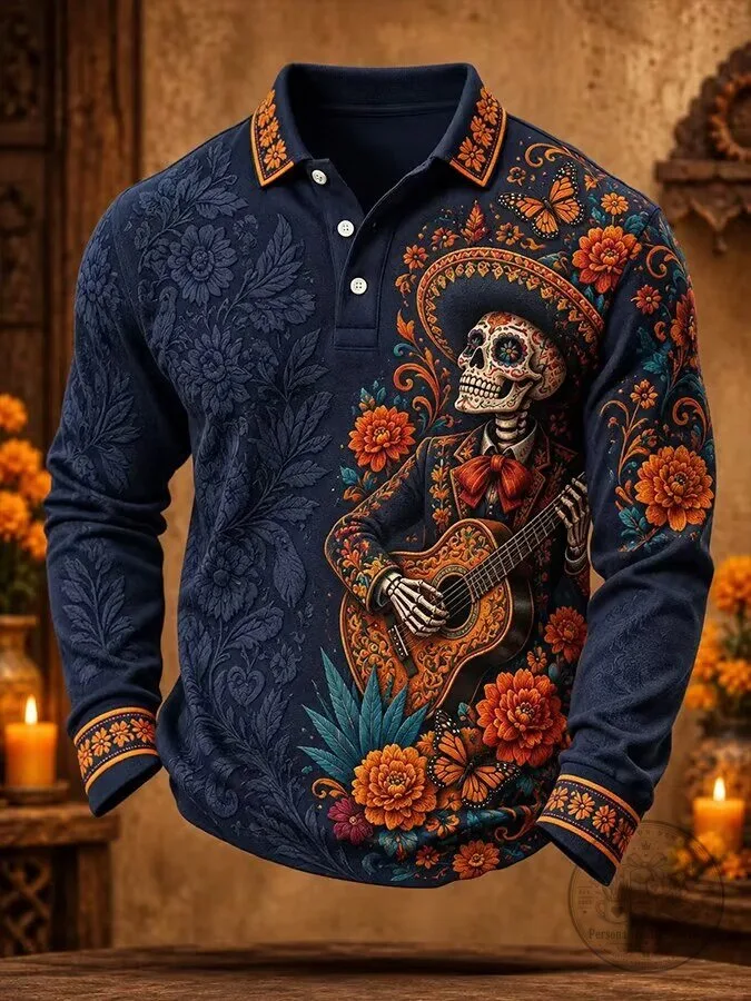 Day of the Dead Mariachi Skeleton Playing Guitar Long-Sleeve Polo Shirt