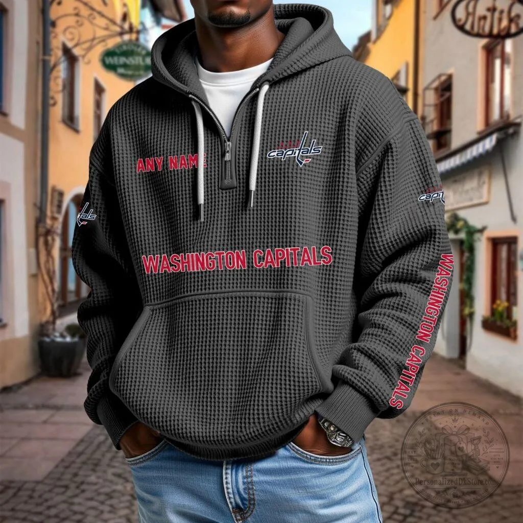 Washington Capitals Personalized Name Waffle Knit Quarter Zip Hoodie