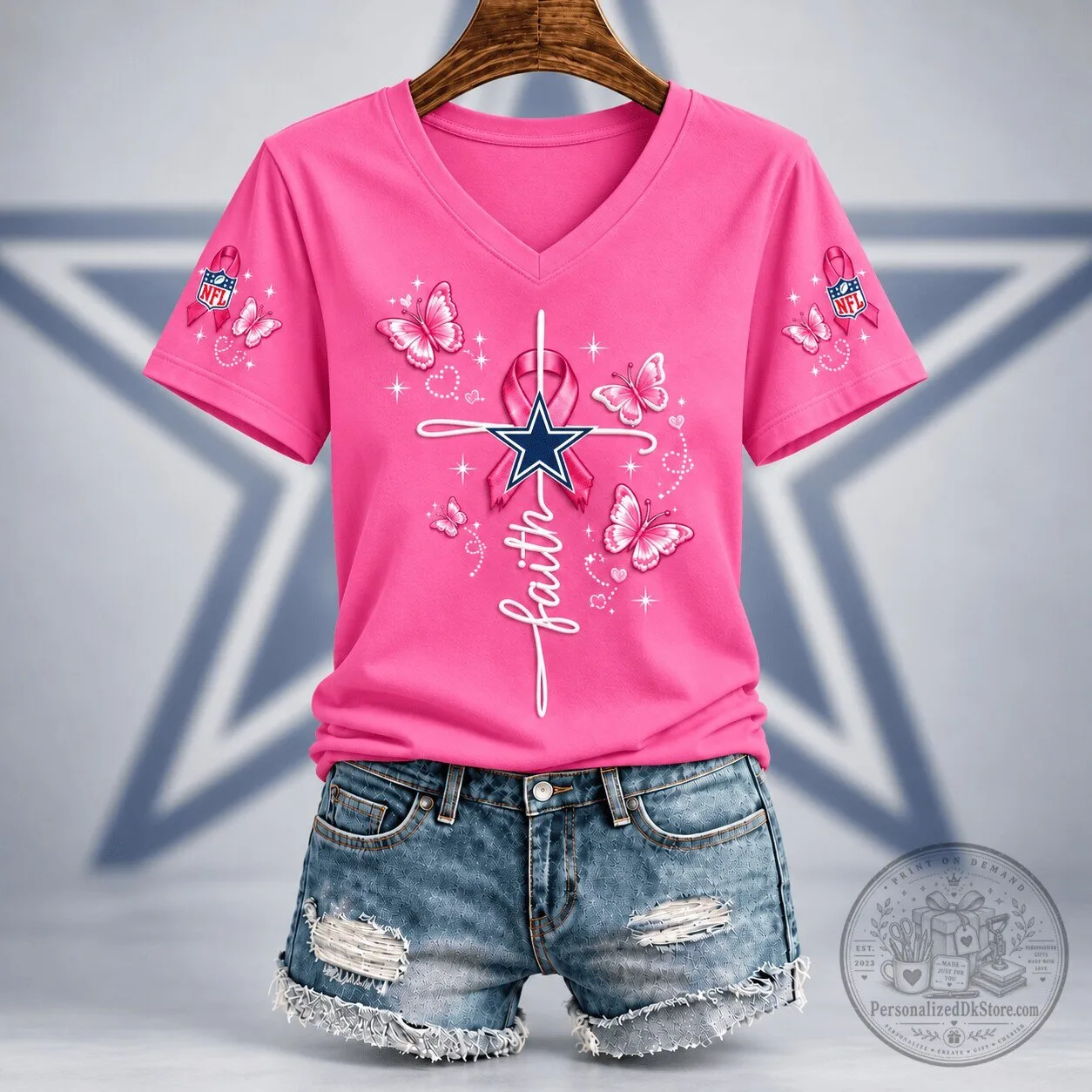 Dallas Cowboys Faith Hope Love Breast Cancer Awareness Pink V-Neck T-Shirt