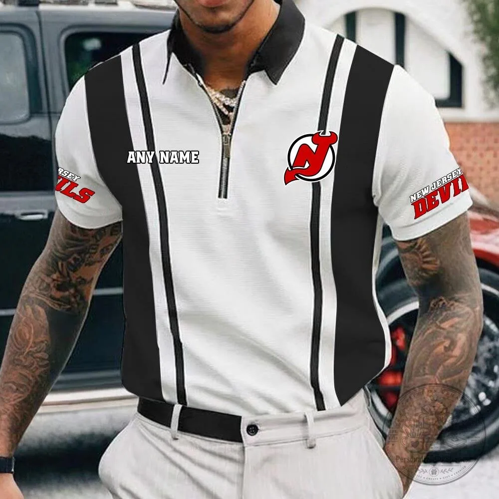 New Jersey Devils Personalized Name Black and White Zipper Polo Shirt