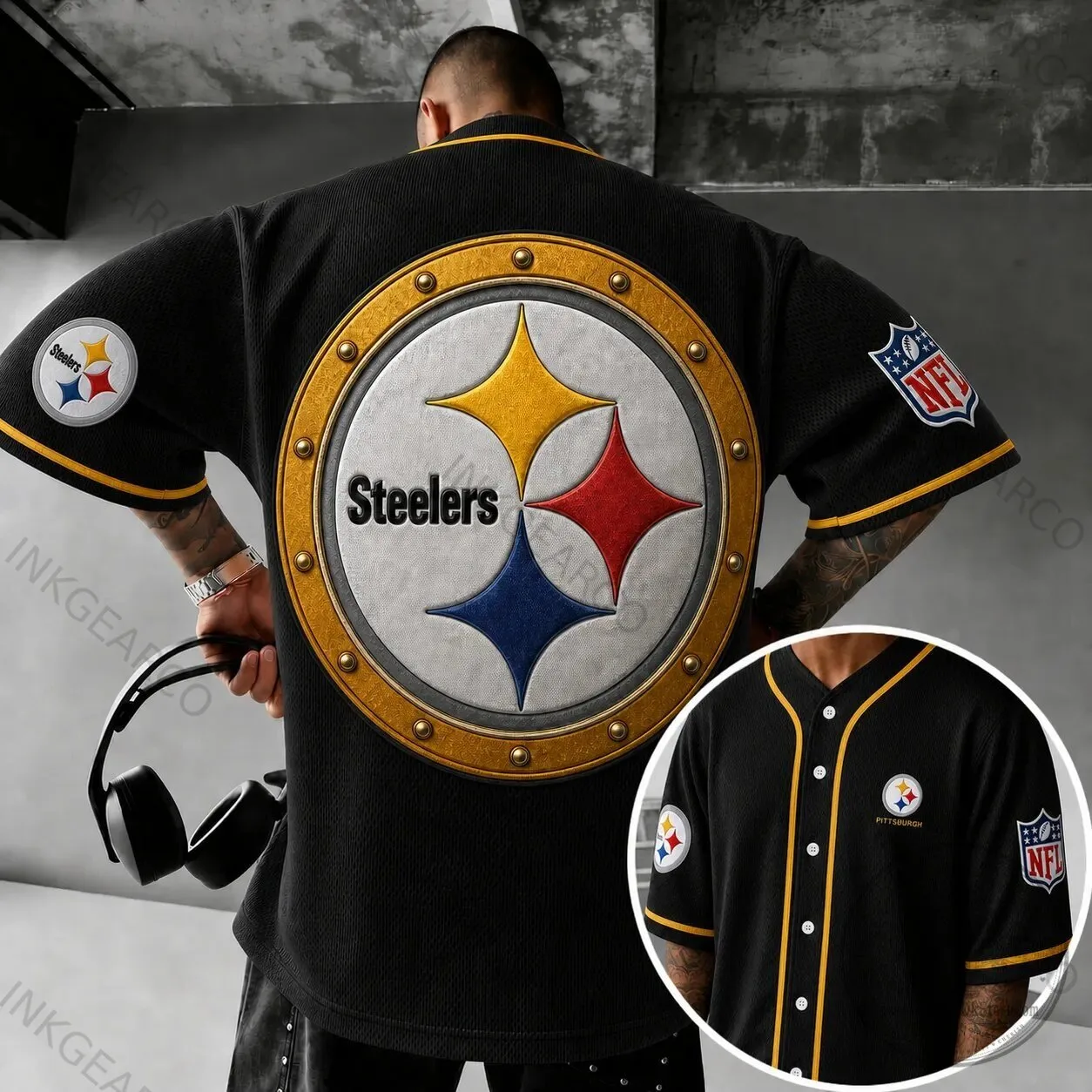 Pittsburgh Steelers NFL Baseball Jersey with Embroidered Logo and Stripes