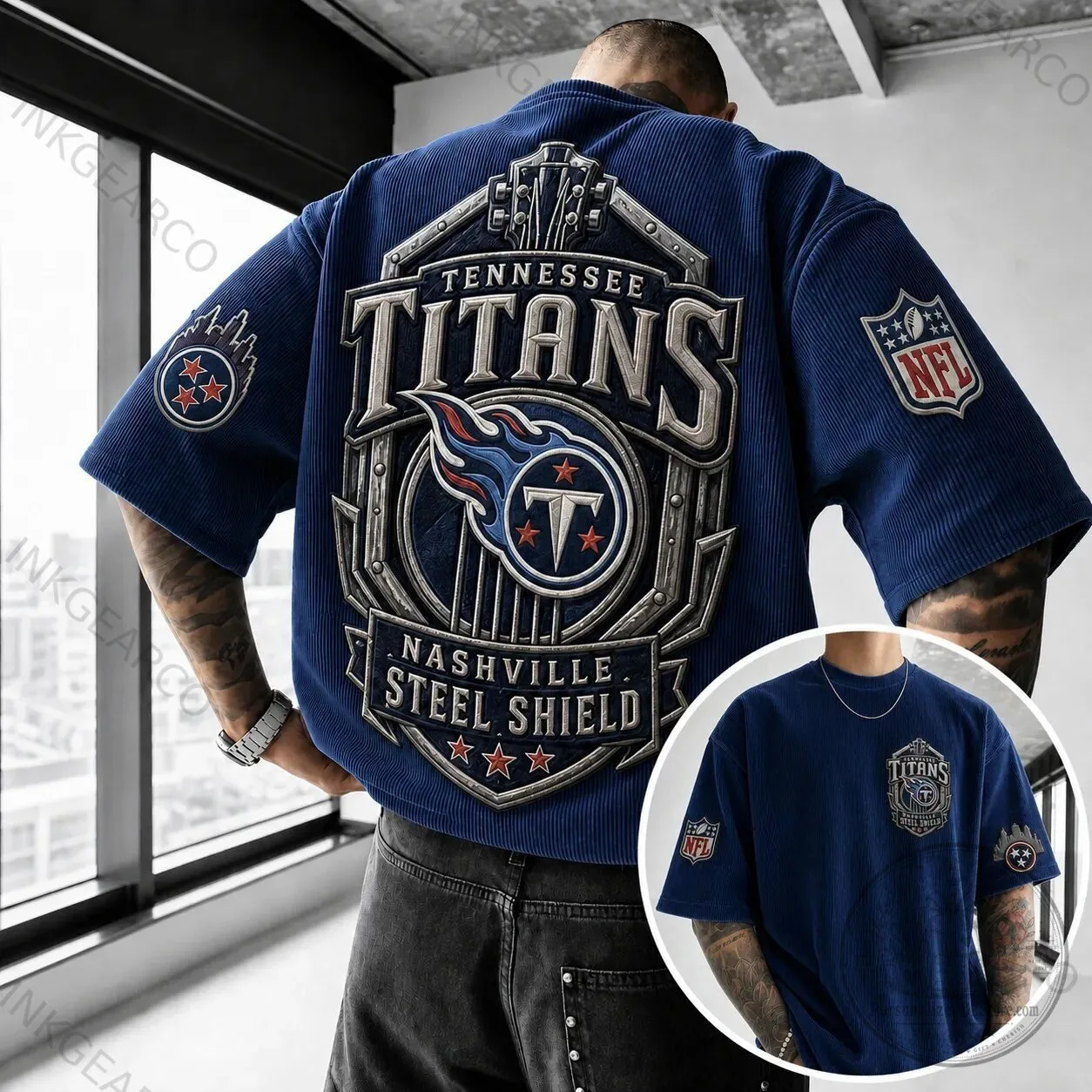 Tennessee Titans NFL Football Team Nashville Steel Shield Short Sleeve T-Shirt