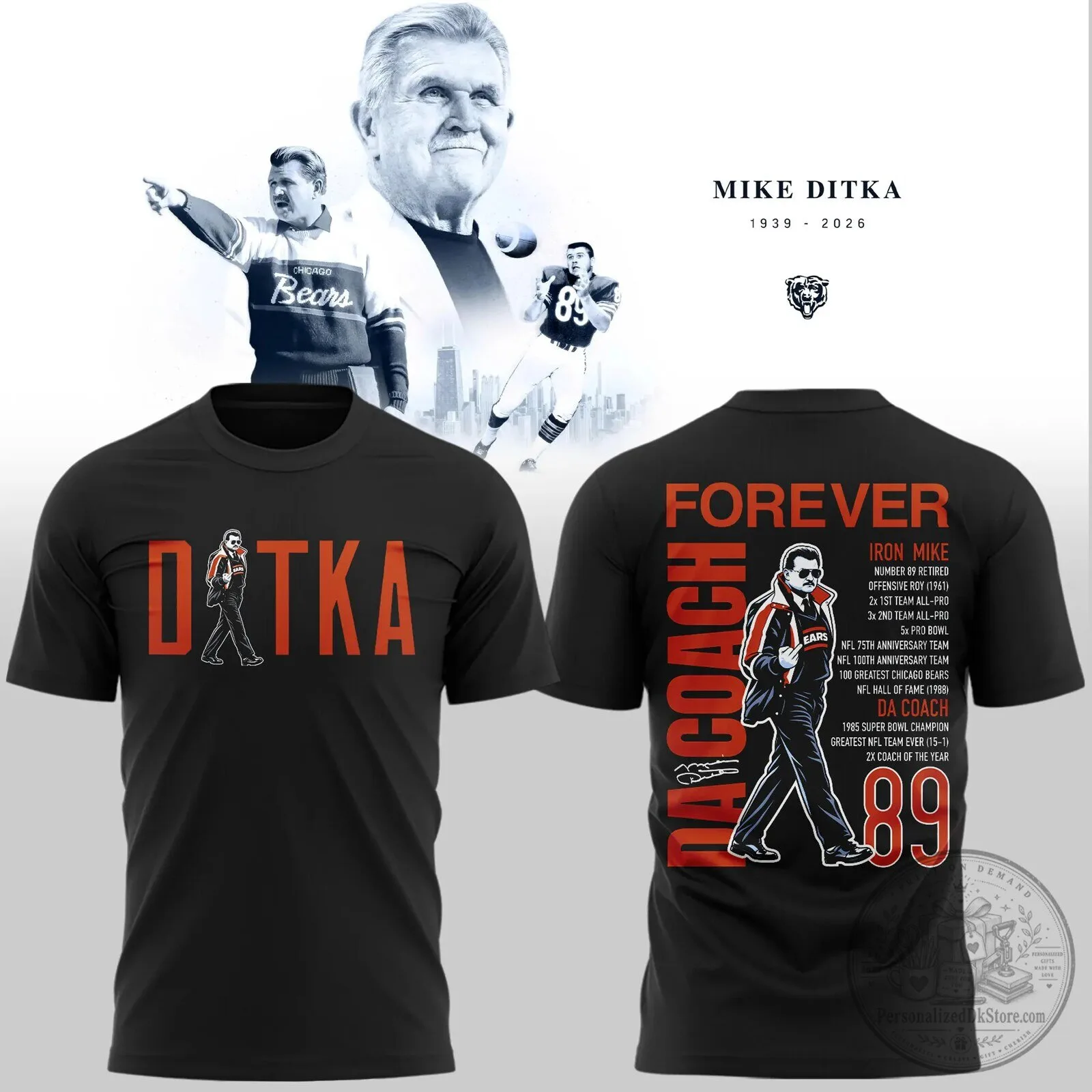 Mike Ditka Chicago Bears Football Legend Tribute Graphic T-Shirt