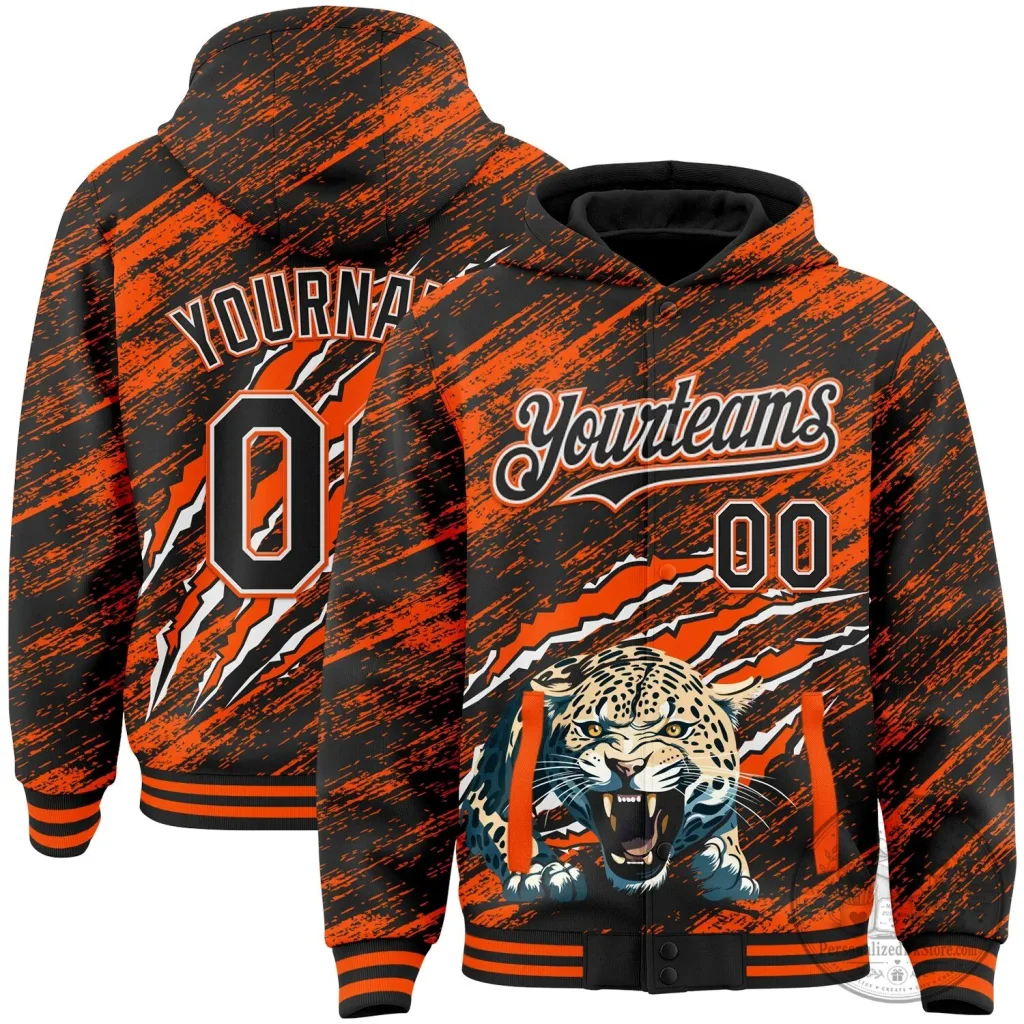 Custom Black Orange Leopard Claw Scratch Brush Stroke Bomber Hoodie Jacket Custom Black Orange Leopard Claw Scratch Brush Stroke Bomber Hoodie Jacket