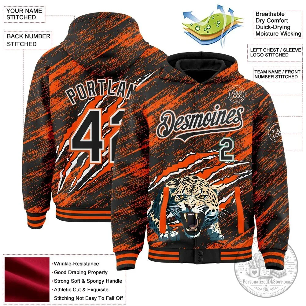 Custom Black Orange Leopard Claw Scratch Brush Stroke Bomber Hoodie Jacket 9 Custom Black Orange Leopard Claw Scratch Brush Stroke Bomber Hoodie Jacket