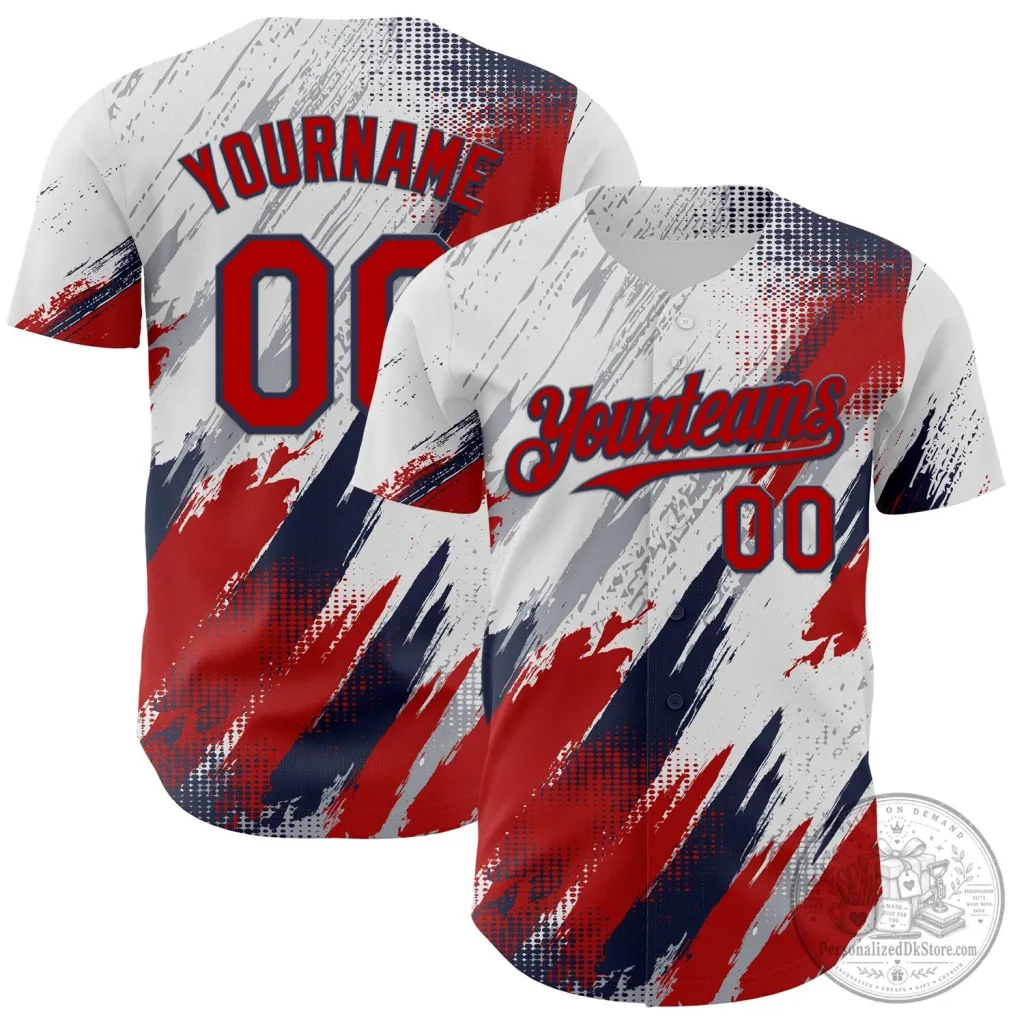 Custom White Red Navy Diagonal Grunge Brush Stroke Halftone Baseball Jersey Custom White Red Navy Diagonal Grunge Brush Stroke Halftone Baseball Jersey