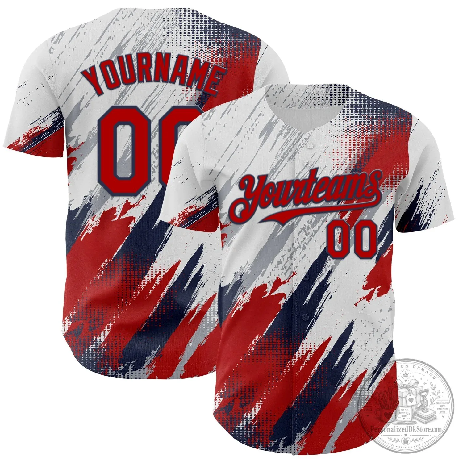 Custom White Red Navy Diagonal Grunge Brush Stroke Halftone Baseball Jersey