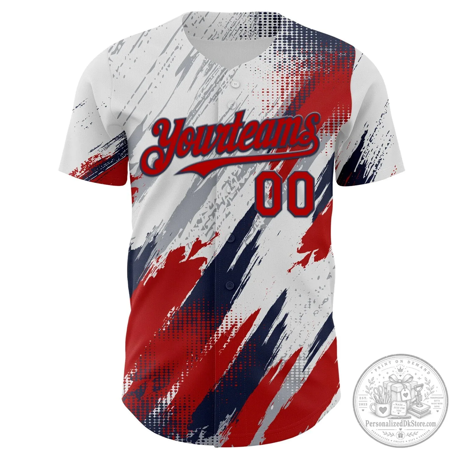 Custom White Red Navy Diagonal Grunge Brush Stroke Halftone Baseball Jersey 6 Custom White Red Navy Diagonal Grunge Brush Stroke Halftone Baseball Jersey