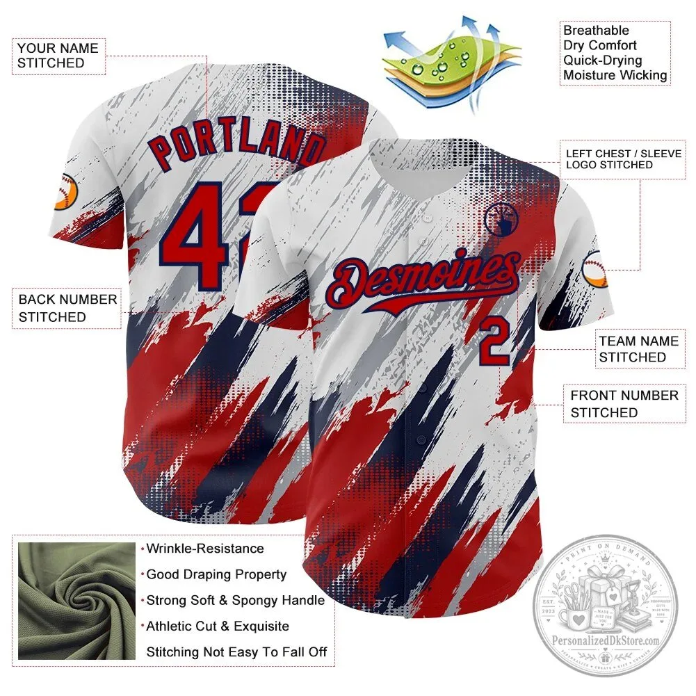 Custom White Red Navy Diagonal Grunge Brush Stroke Halftone Baseball Jersey 7 Custom White Red Navy Diagonal Grunge Brush Stroke Halftone Baseball Jersey