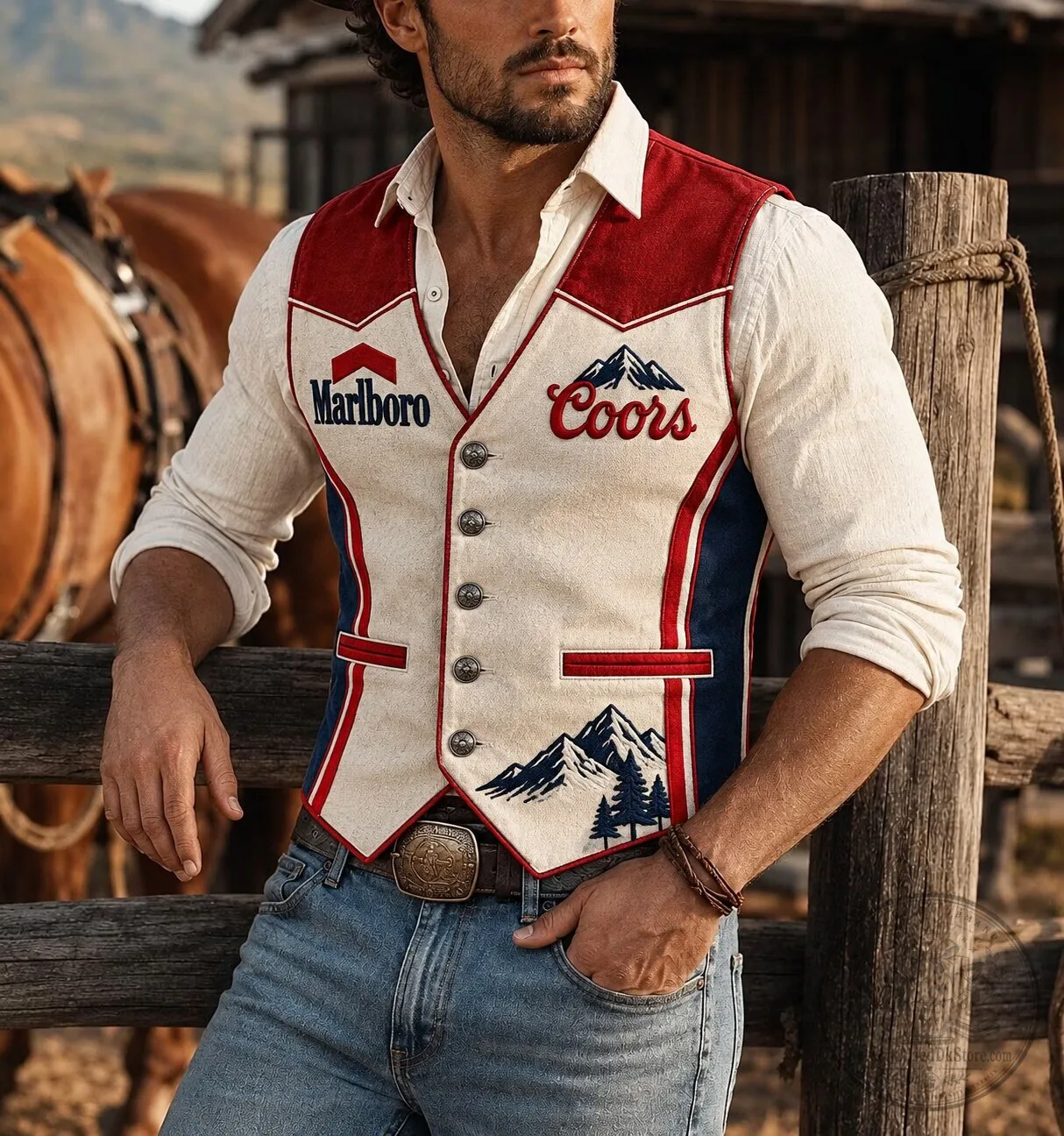 Marlboro Coors Western Mountain Graphic Button Front Vest
