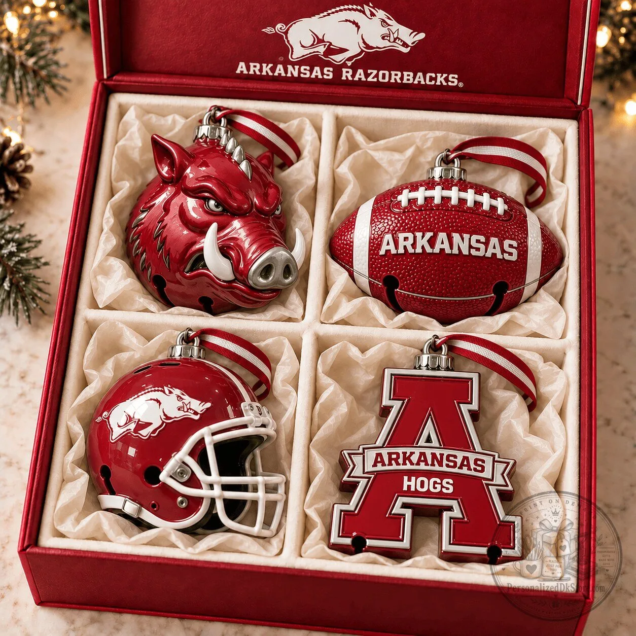 Arkansas Razorbacks Football Team Christmas Tree Bell Ornament Set