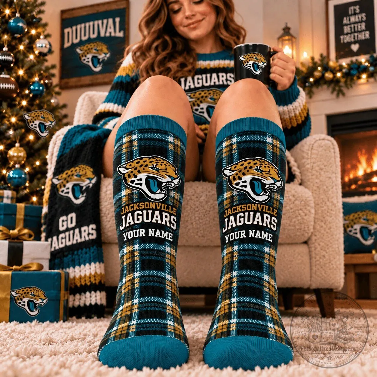 Jacksonville Jaguars Personalized Plaid Pattern Fan Socks