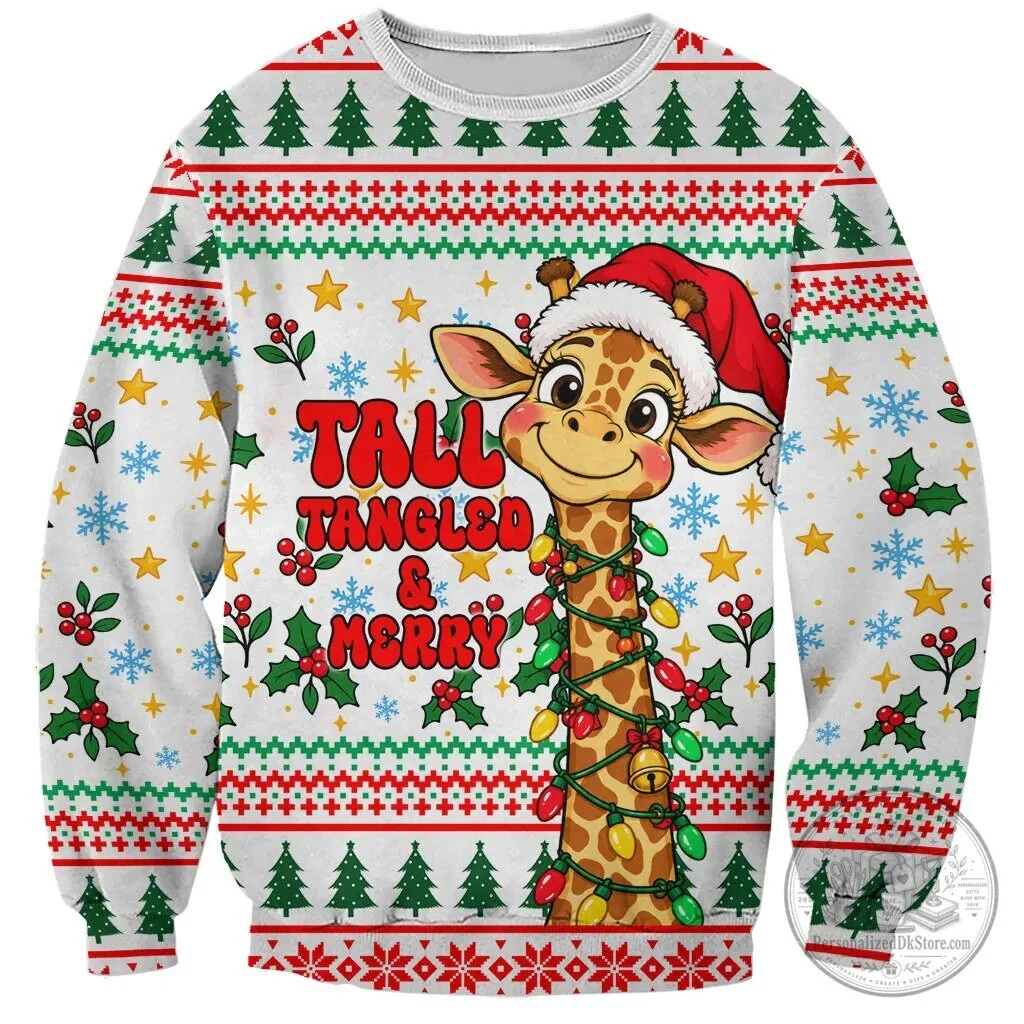 Tall Tangled and Merry Giraffe Christmas Lights Holiday Sweatshirt