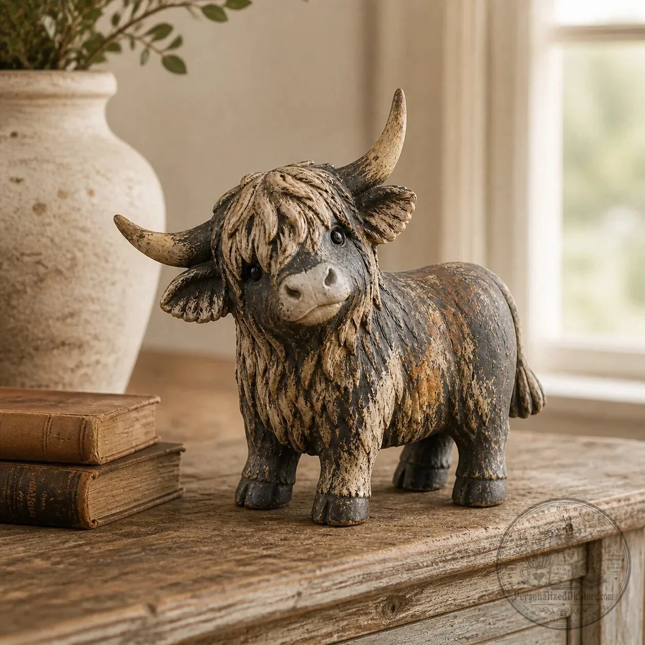 Rustic Highland Cow Figurine - Farmhouse Tabletop Decor Sculpture 12 Rustic Highland Cow Figurine - Farmhouse Tabletop Decor Sculpture