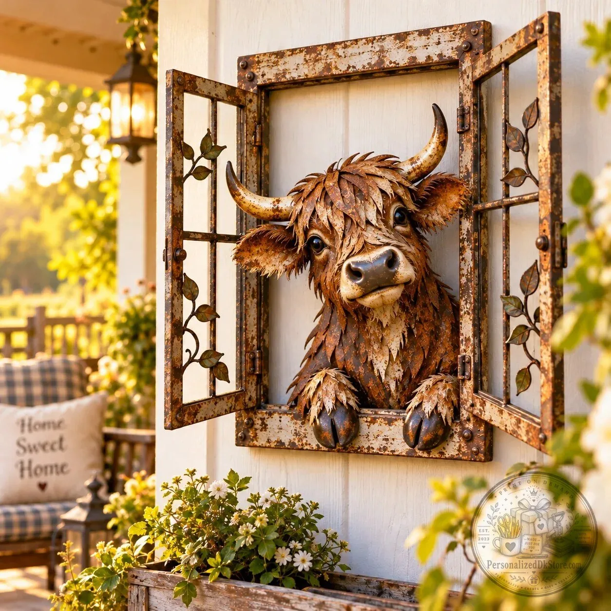 Highland Cow Peekaboo Window Metal Wall Art Garden Decor